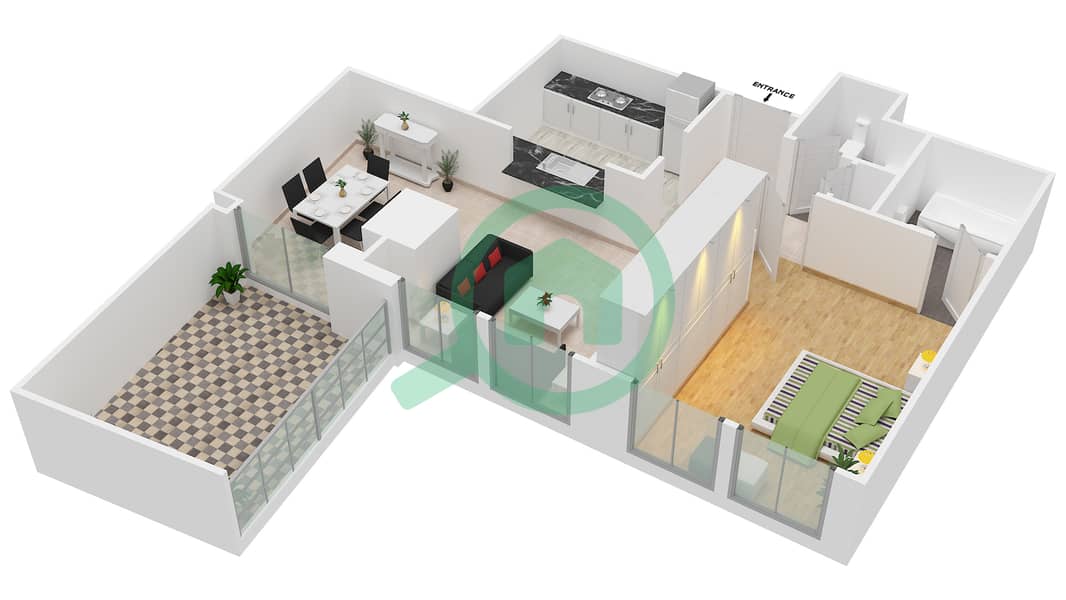 المخططات الطابقية لتصميم التصميم 239 شقة 1 غرفة نوم - برج فيوز بوديوم interactive3D