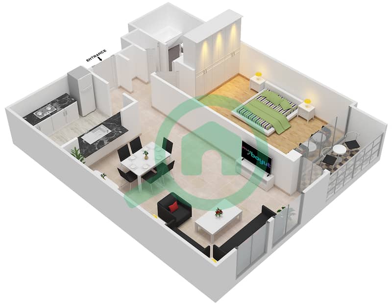 景观高塔裙楼 - 1 卧室公寓套房106戶型图 interactive3D
