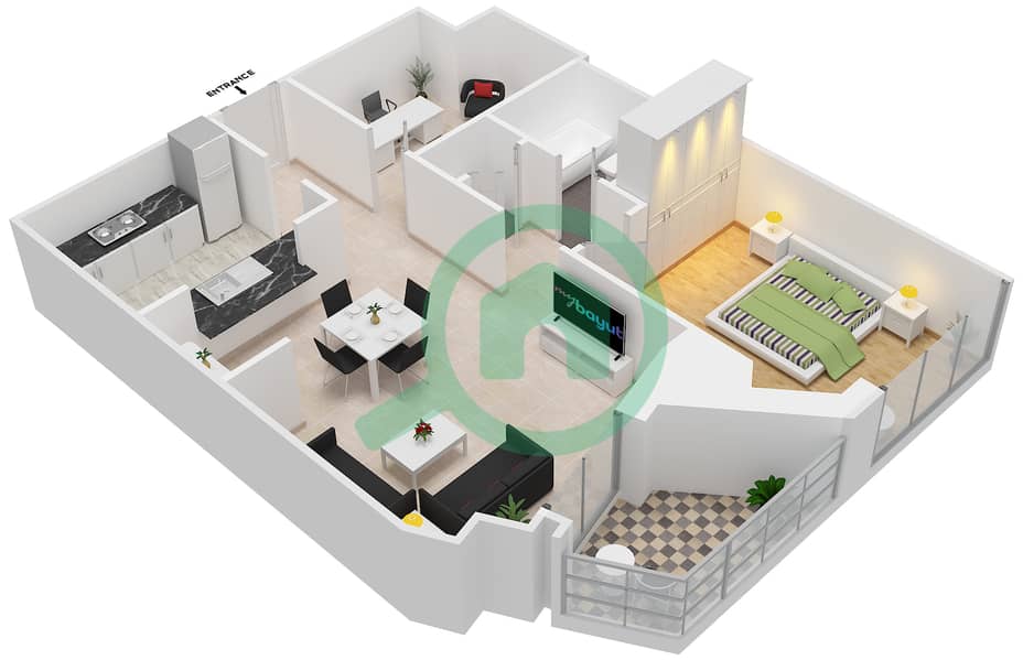 المخططات الطابقية لتصميم التصميم 104 شقة 1 غرفة نوم - برج فيوز بوديوم interactive3D
