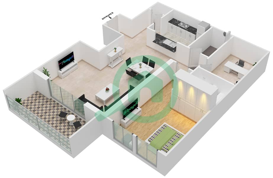 المخططات الطابقية لتصميم التصميم 163 شقة 1 غرفة نوم - برج فيوز بوديوم interactive3D
