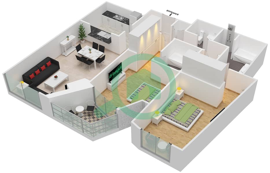 المخططات الطابقية لتصميم التصميم 118 شقة 2 غرفة نوم - برج فيوز بوديوم interactive3D