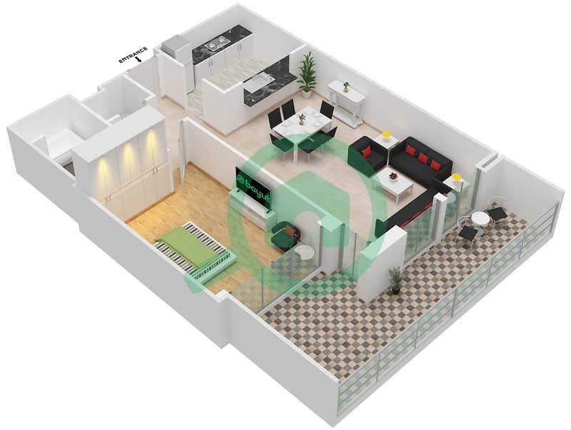 المخططات الطابقية لتصميم التصميم 109 شقة 1 غرفة نوم - برج فيوز بوديوم interactive3D