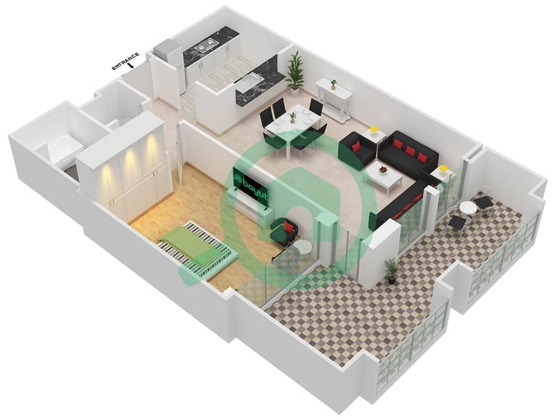 المخططات الطابقية لتصميم التصميم 111 شقة 1 غرفة نوم - برج فيوز بوديوم interactive3D