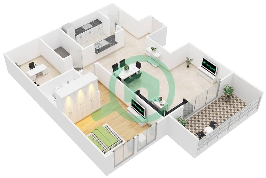 景观高塔裙楼 - 1 卧室公寓套房123戶型图 interactive3D