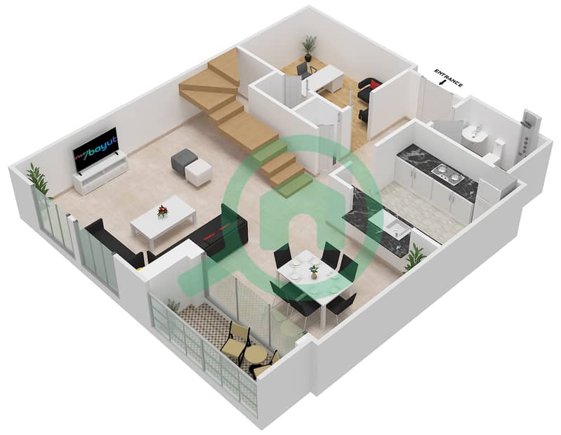 المخططات الطابقية لتصميم التصميم 210,211 شقة 2 غرفة نوم - برج فيوز بوديوم interactive3D