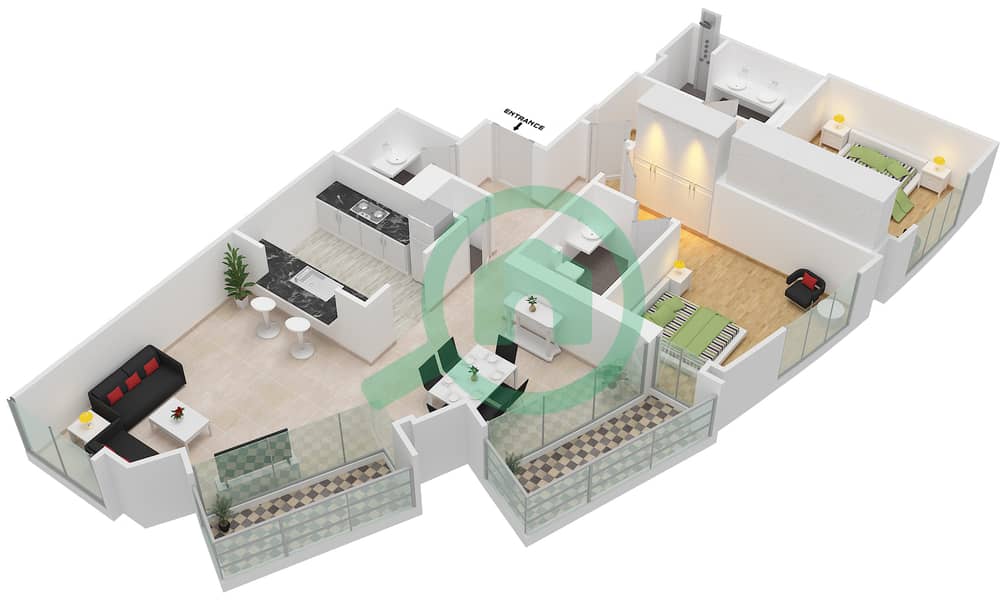 المخططات الطابقية لتصميم التصميم 410,445 شقة 2 غرفة نوم - برج فيوز بوديوم interactive3D
