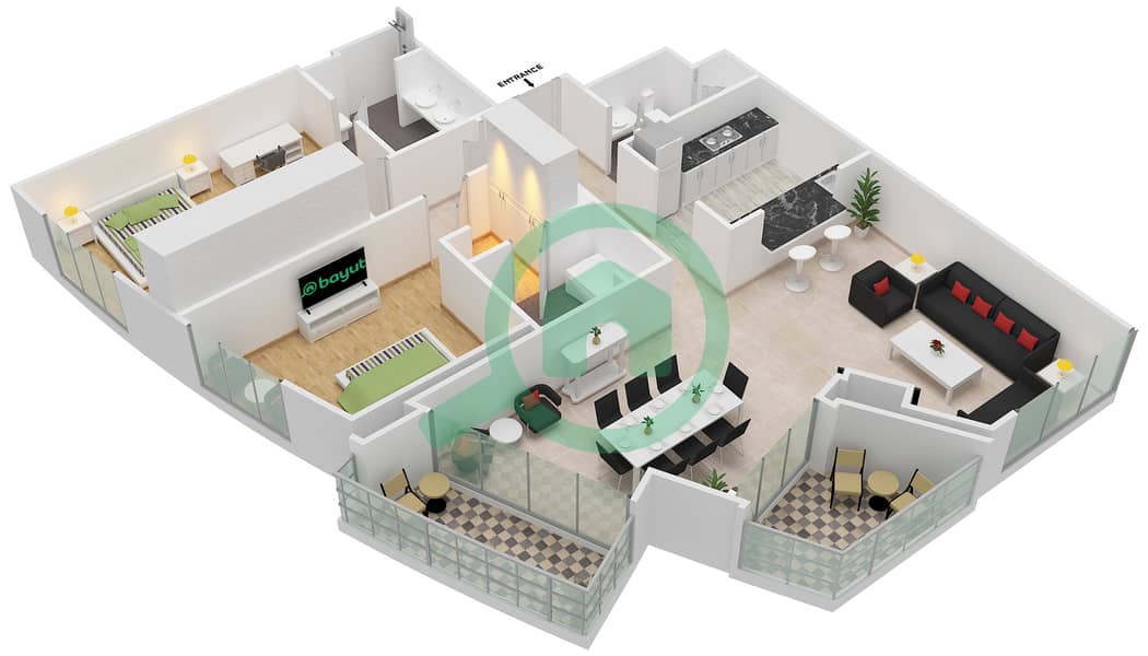 المخططات الطابقية لتصميم التصميم 411,444 شقة 2 غرفة نوم - برج فيوز بوديوم interactive3D