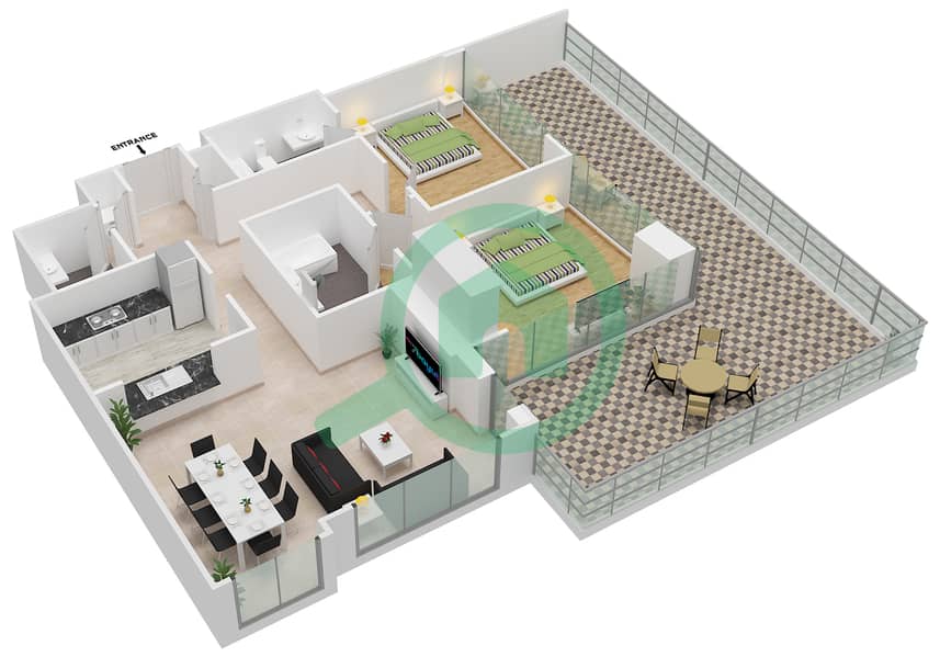 المخططات الطابقية لتصميم التصميم 328 شقة 2 غرفة نوم - برج فيوز بوديوم interactive3D