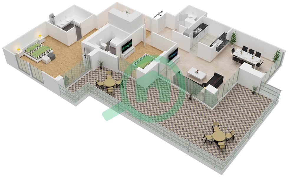 景观高塔裙楼 - 2 卧室公寓套房329戶型图 interactive3D