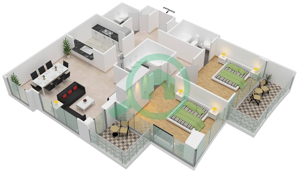 المخططات الطابقية لتصميم التصميم 428 شقة 2 غرفة نوم - برج فيوز بوديوم interactive3D