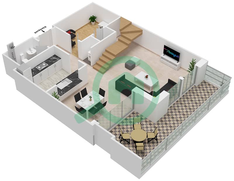 المخططات الطابقية لتصميم التصميم 209 شقة 2 غرفة نوم - برج فيوز بوديوم interactive3D