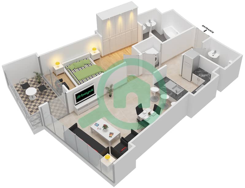 المخططات الطابقية لتصميم الوحدة 2-3,5-6 شقة 1 غرفة نوم - العنوان رزيدنس فاونتن فيوز 1 Floor 3,5,7,9,11,13,15,17,19,21 interactive3D