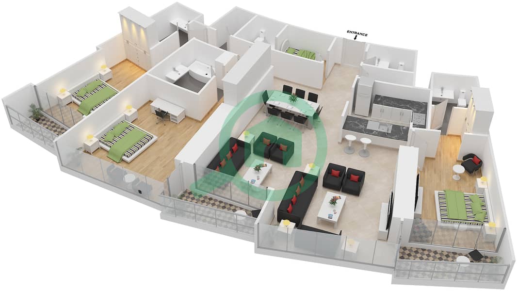谦恭喷泉景观1号大厦 - 3 卧室公寓单位3 FLOOR 24,26,28戶型图 interactive3D