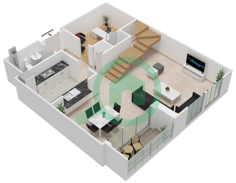 المخططات الطابقية لتصميم التصميم 207,208 شقة 2 غرفة نوم - برج فيوز بوديوم interactive3D