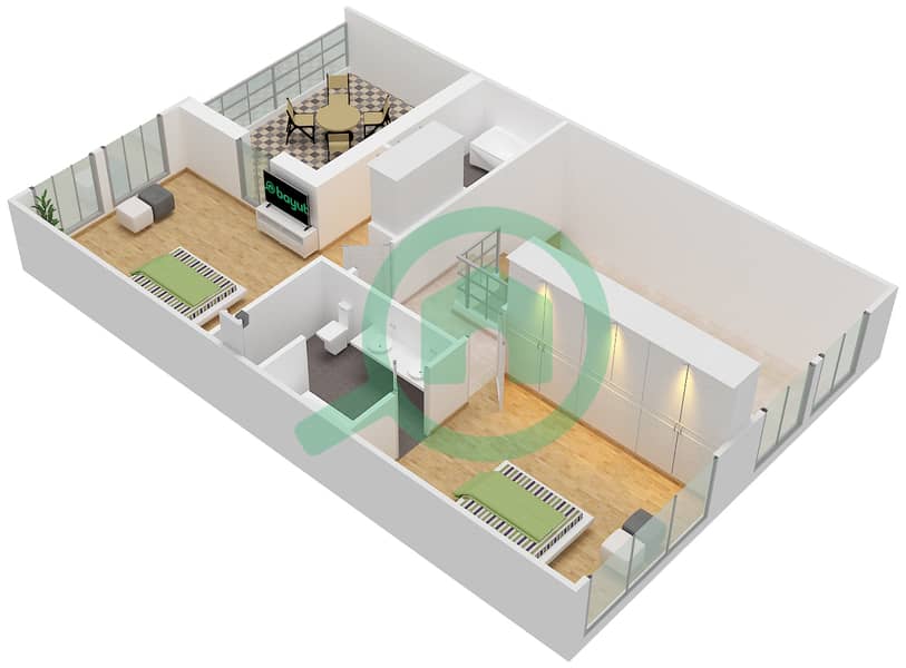 景观高塔裙楼 - 2 卧室公寓套房207,208戶型图 interactive3D