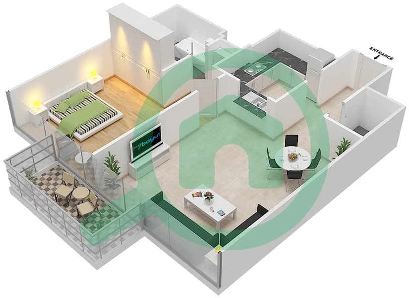 المخططات الطابقية لتصميم الوحدة 5 FLOOR 32-36,38-61 شقة 1 غرفة نوم - العنوان رزيدنس فاونتن فيوز 3 interactive3D