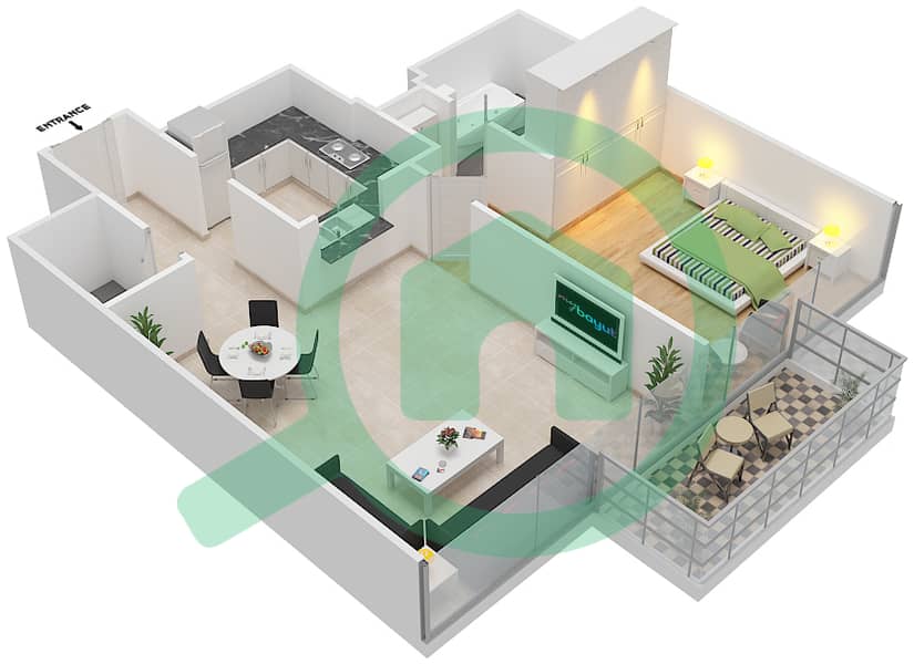 المخططات الطابقية لتصميم الوحدة 6 FLOOR 32-36 شقة 1 غرفة نوم - العنوان رزيدنس فاونتن فيوز 3 interactive3D