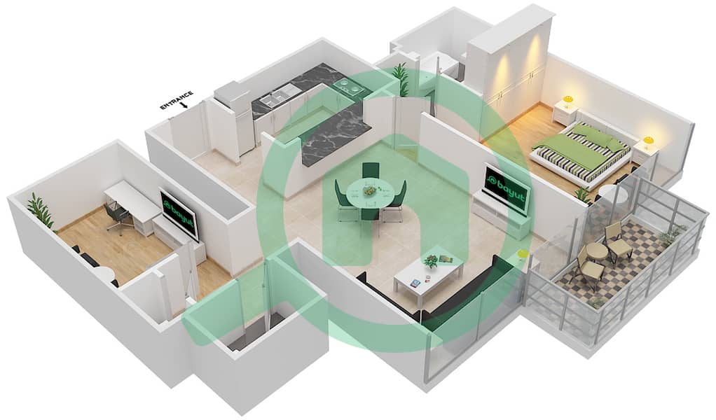 المخططات الطابقية لتصميم الوحدة 6 FLOOR 38-61 شقة 1 غرفة نوم - العنوان رزيدنس فاونتن فيوز 3 interactive3D