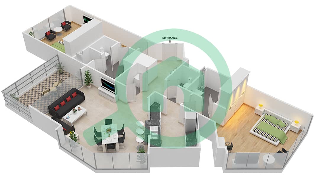 المخططات الطابقية لتصميم الوحدة 1 FLOOR 32-36,38-61 شقة 2 غرفة نوم - العنوان رزيدنس فاونتن فيوز 3 interactive3D