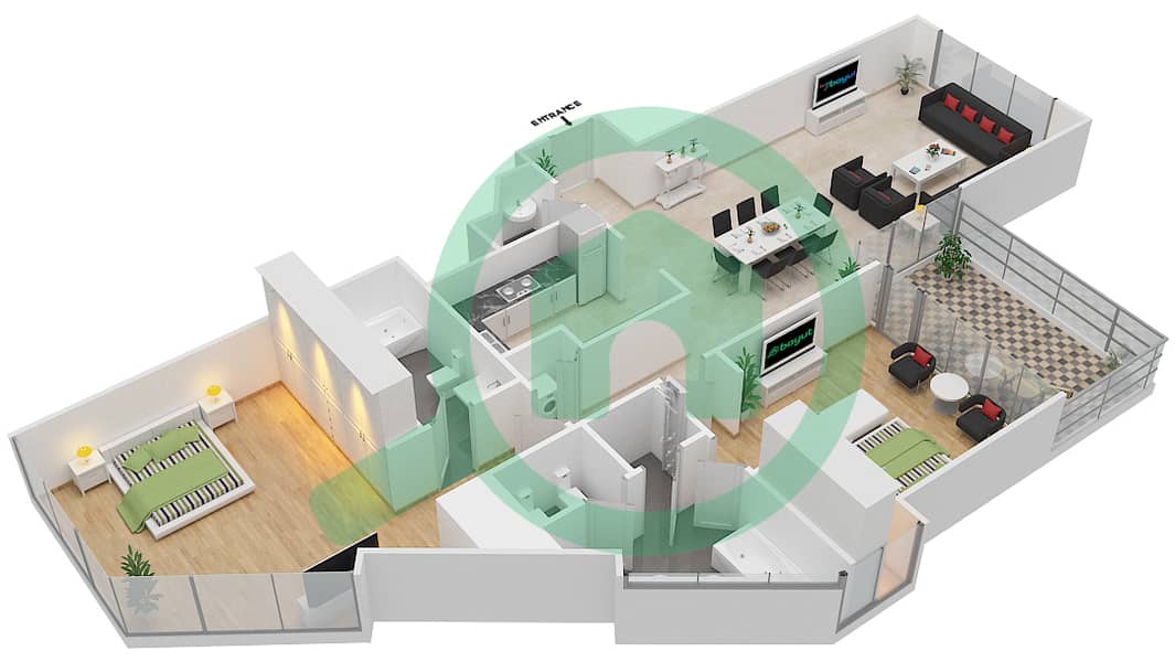 المخططات الطابقية لتصميم الوحدة 4 FLOOR 32-36,38-61 شقة 2 غرفة نوم - العنوان رزيدنس فاونتن فيوز 3 interactive3D