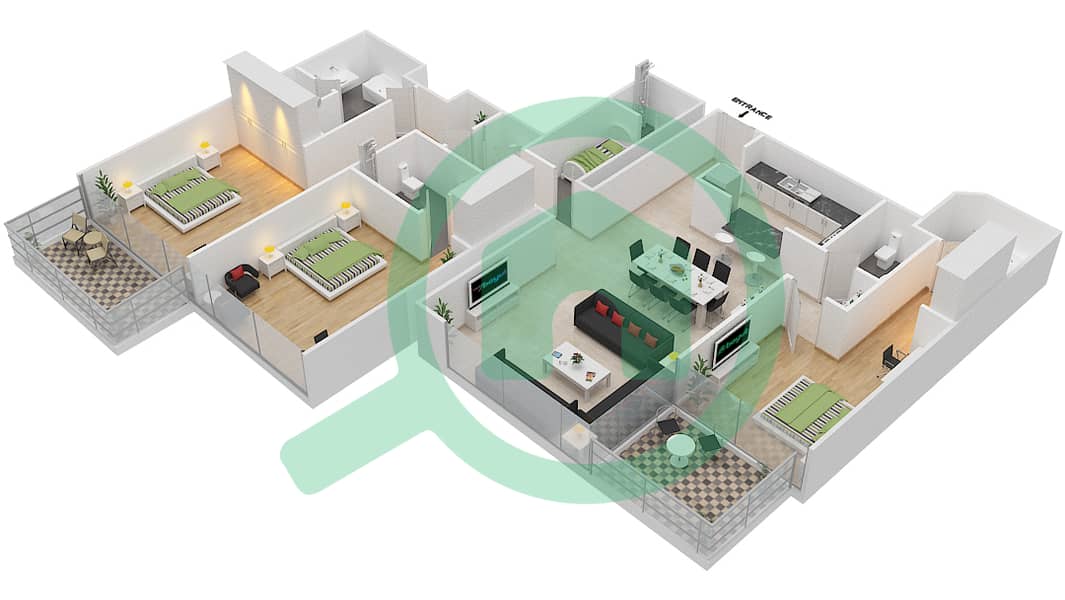 المخططات الطابقية لتصميم الوحدة 2 FLOOR 32-36,38-61 شقة 3 غرف نوم - العنوان رزيدنس فاونتن فيوز 3 interactive3D