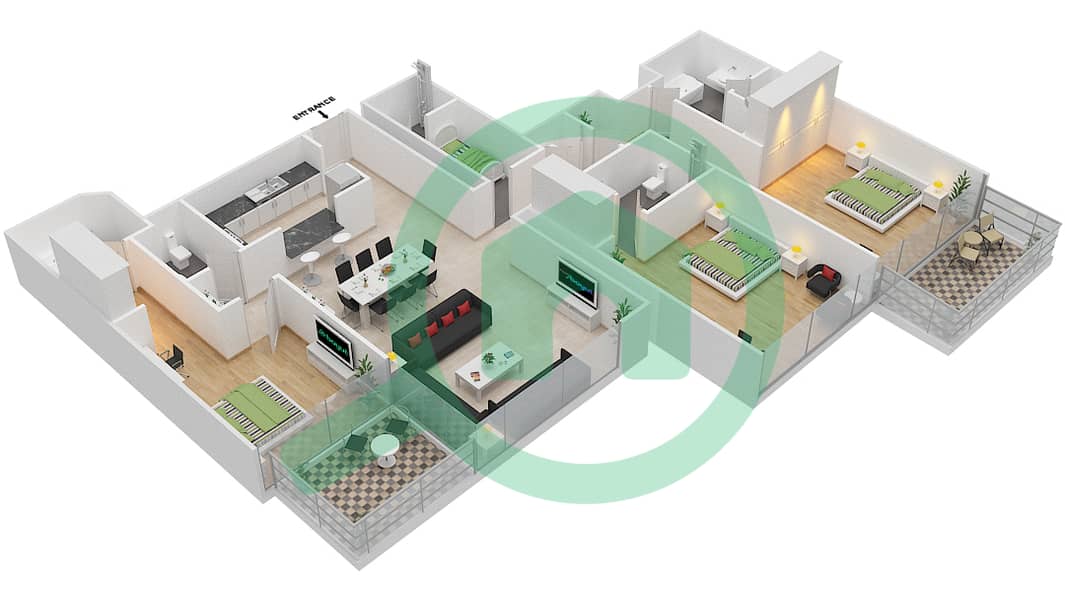 المخططات الطابقية لتصميم الوحدة 3 FLOOR 32-36,38-61 شقة 3 غرف نوم - العنوان رزيدنس فاونتن فيوز 3 interactive3D