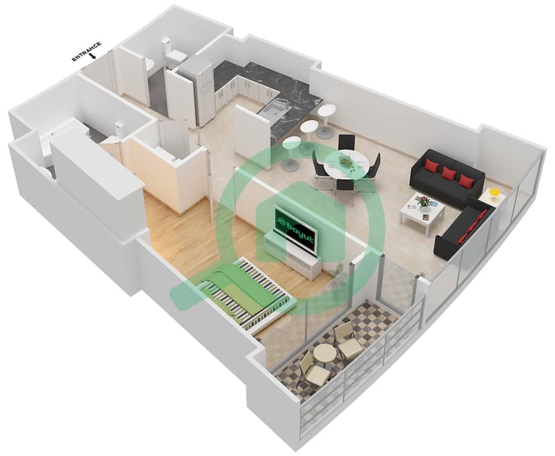 المخططات الطابقية لتصميم الوحدة 2,6 شقة 1 غرفة نوم - العنوان رزيدنس فاونتن فيوز 2 interactive3D