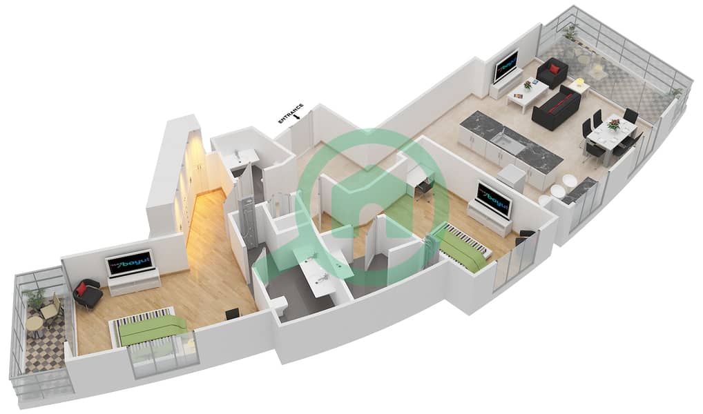 المخططات الطابقية لتصميم الوحدة 1, 5, 7 FLOOR 03-21,23-53 شقة 2 غرفة نوم - العنوان رزيدنس فاونتن فيوز 2 interactive3D