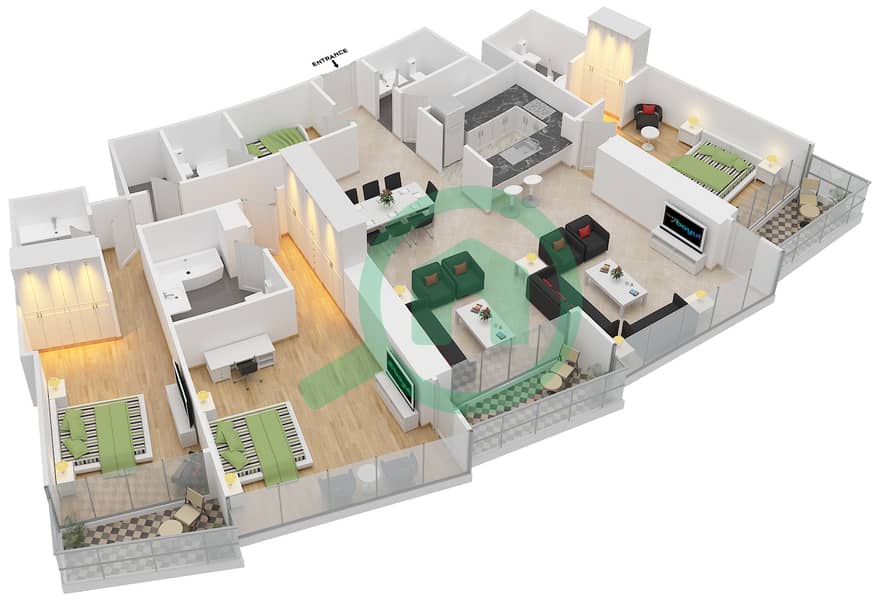 المخططات الطابقية لتصميم الوحدة 3 FLOOR 23,25,27 شقة 3 غرف نوم - العنوان رزيدنس فاونتن فيوز 2 interactive3D