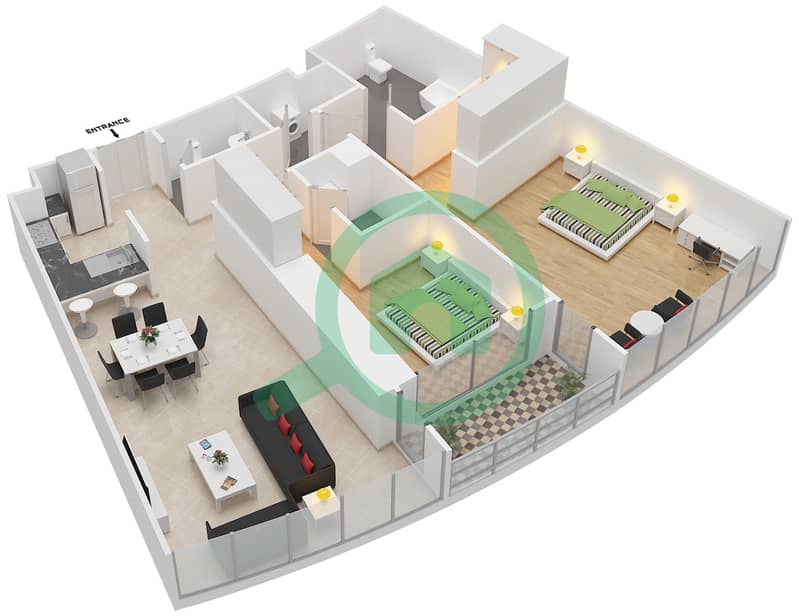 المخططات الطابقية لتصميم الوحدة 2 FLOOR 23-46 شقة 2 غرفة نوم - العنوان رزيدنس فاونتن فيوز 2 interactive3D