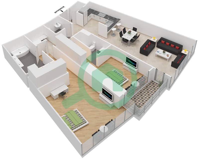 المخططات الطابقية لتصميم الوحدة 4 FLOOR 4,6,8,10 شقة 2 غرفة نوم - العنوان رزيدنس فاونتن فيوز 2 interactive3D