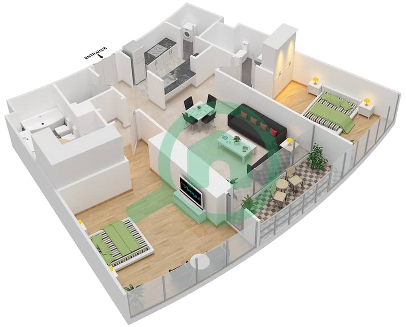 谦恭喷泉景观2号大厦 - 2 卧室公寓单位4 FLOOR 23-46戶型图 interactive3D