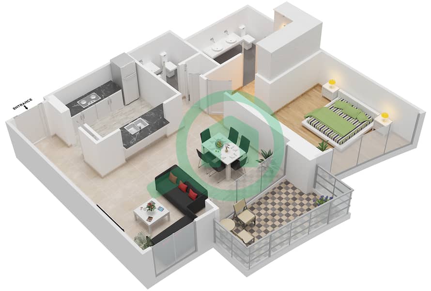 المخططات الطابقية لتصميم التصميم 1 شقة 1 غرفة نوم - برج لوفتس سنترال interactive3D