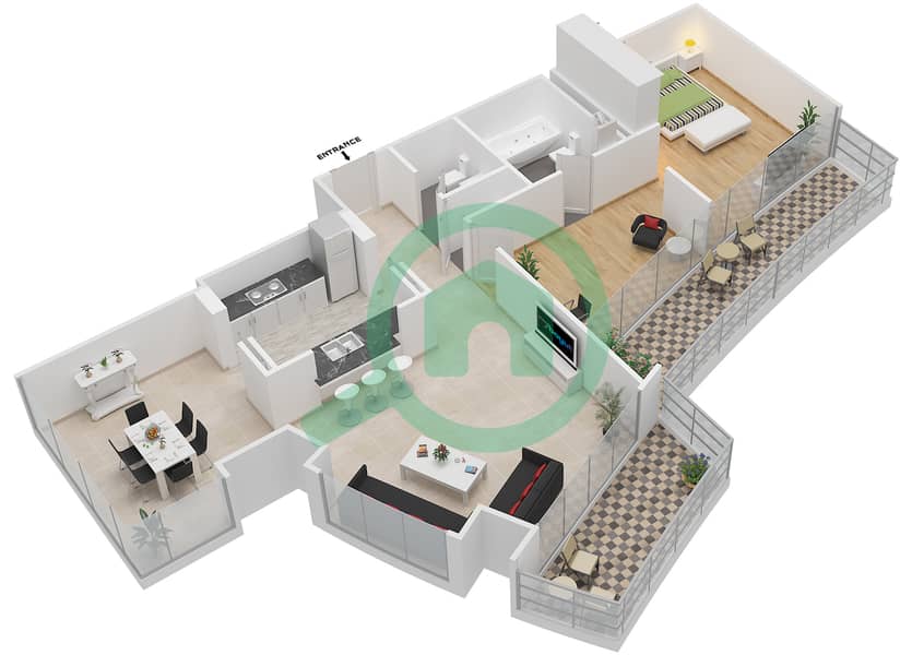 المخططات الطابقية لتصميم التصميم 3 شقة 1 غرفة نوم - برج لوفتس سنترال interactive3D