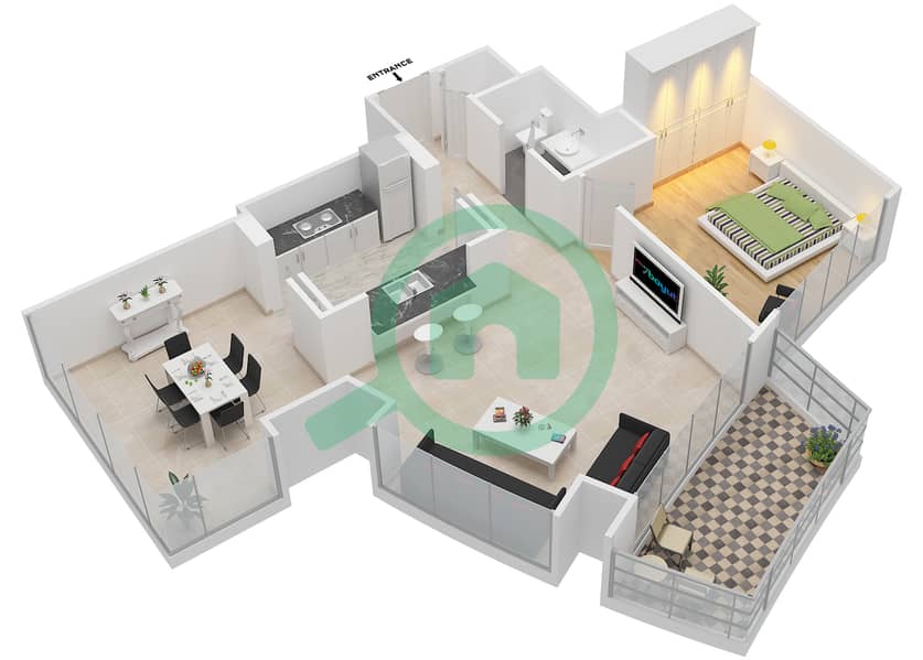 المخططات الطابقية لتصميم التصميم 4 شقة 1 غرفة نوم - برج لوفتس سنترال interactive3D