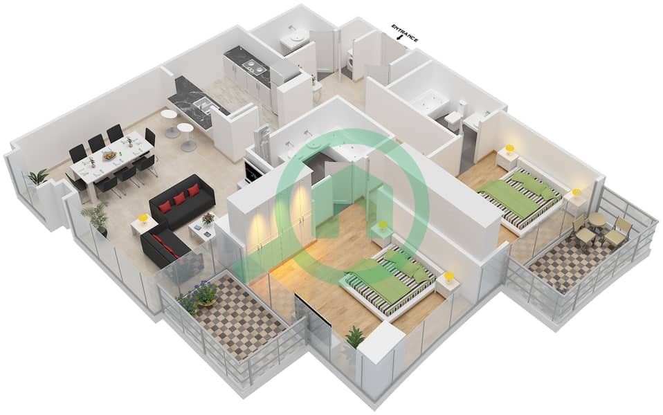 Loft中央塔 - 2 卧室公寓套房2戶型图 interactive3D