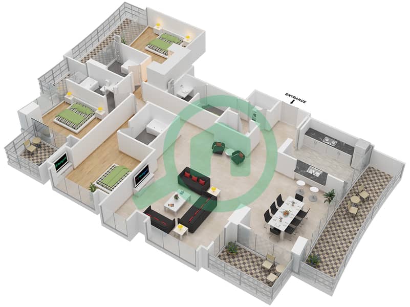 المخططات الطابقية لتصميم التصميم 2 بنتهاوس 3 غرف نوم - برج لوفتس سنترال interactive3D