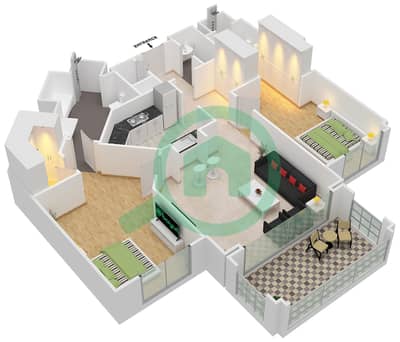 المخططات الطابقية لتصميم النموذج D شقة 2 غرفة نوم - البصري