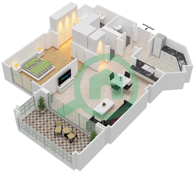 المخططات الطابقية لتصميم النموذج B شقة 1 غرفة نوم - البصري interactive3D