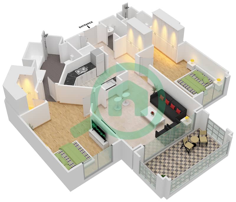 المخططات الطابقية لتصميم النموذج D شقة 2 غرفة نوم - البصري interactive3D