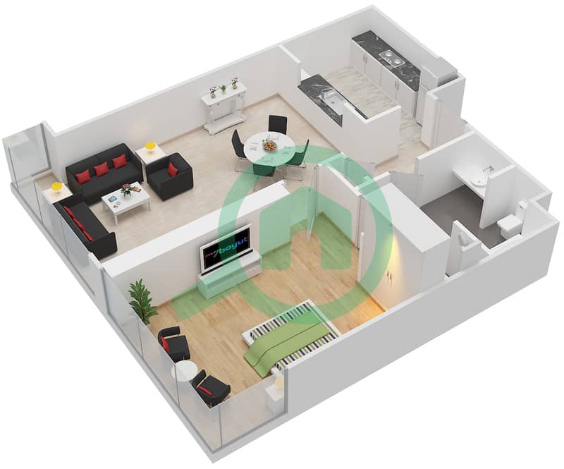Ramada Downtown Dubai - 1 Bedroom Apartment Suite 01 Floor plan interactive3D
