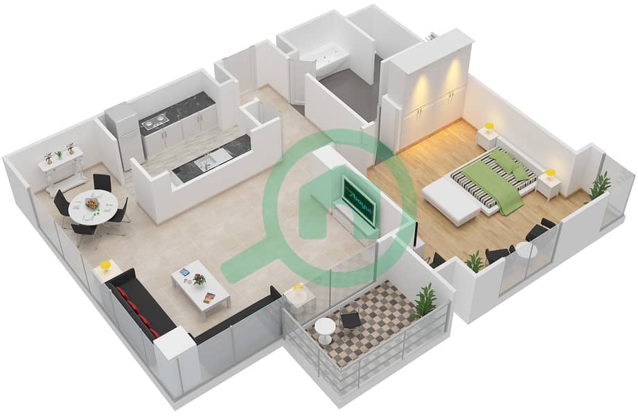 المخططات الطابقية لتصميم التصميم 03 شقة 1 غرفة نوم - فندق رامادا داون تاون interactive3D