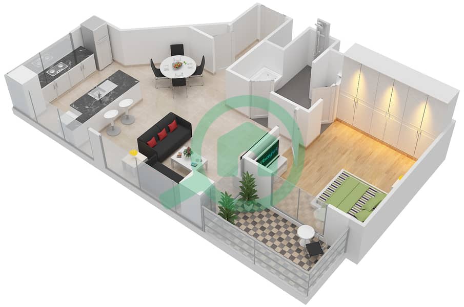 المخططات الطابقية لتصميم التصميم 04 شقة 1 غرفة نوم - فندق رامادا داون تاون interactive3D