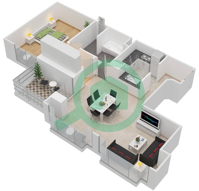 المخططات الطابقية لتصميم التصميم 05 شقة 1 غرفة نوم - فندق رامادا داون تاون interactive3D