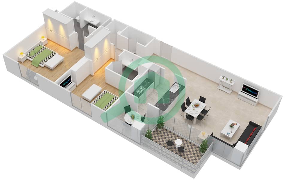 المخططات الطابقية لتصميم التصميم 02 شقة 2 غرفة نوم - فندق رامادا داون تاون interactive3D