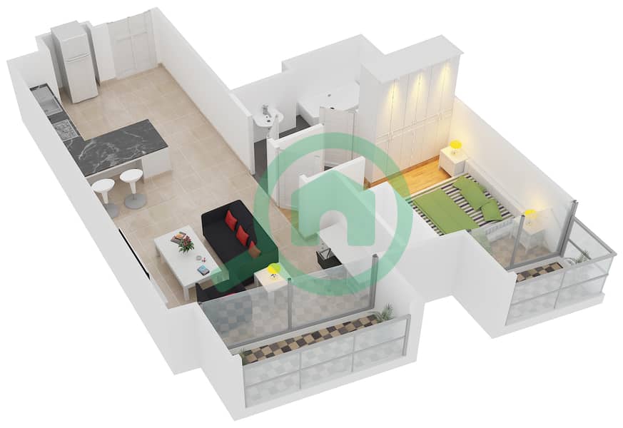المخططات الطابقية لتصميم النموذج 1A شقة 1 غرفة نوم - كمبينسكي سنترال أفينيو دبي interactive3D