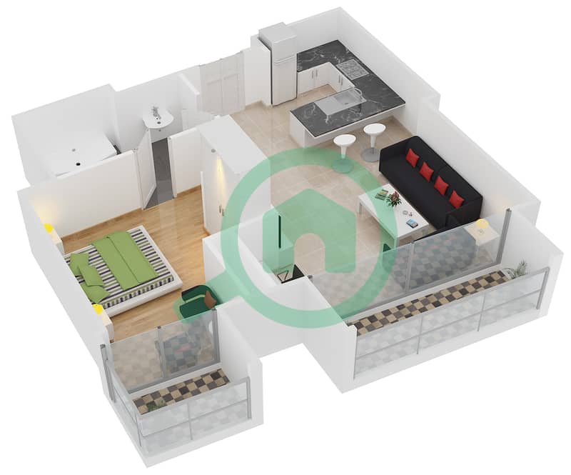 المخططات الطابقية لتصميم النموذج 1B شقة 1 غرفة نوم - كمبينسكي سنترال أفينيو دبي interactive3D