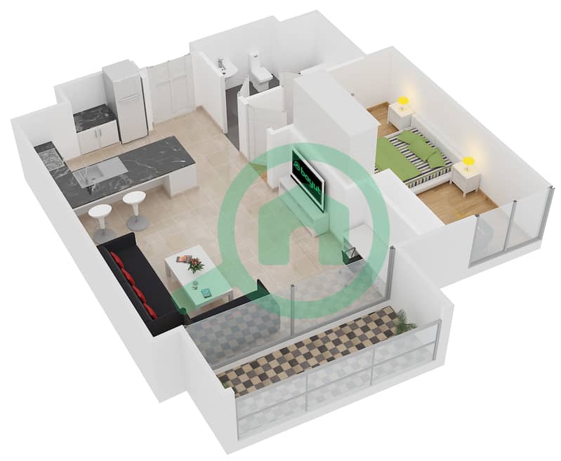 المخططات الطابقية لتصميم النموذج 1C شقة 1 غرفة نوم - كمبينسكي سنترال أفينيو دبي interactive3D