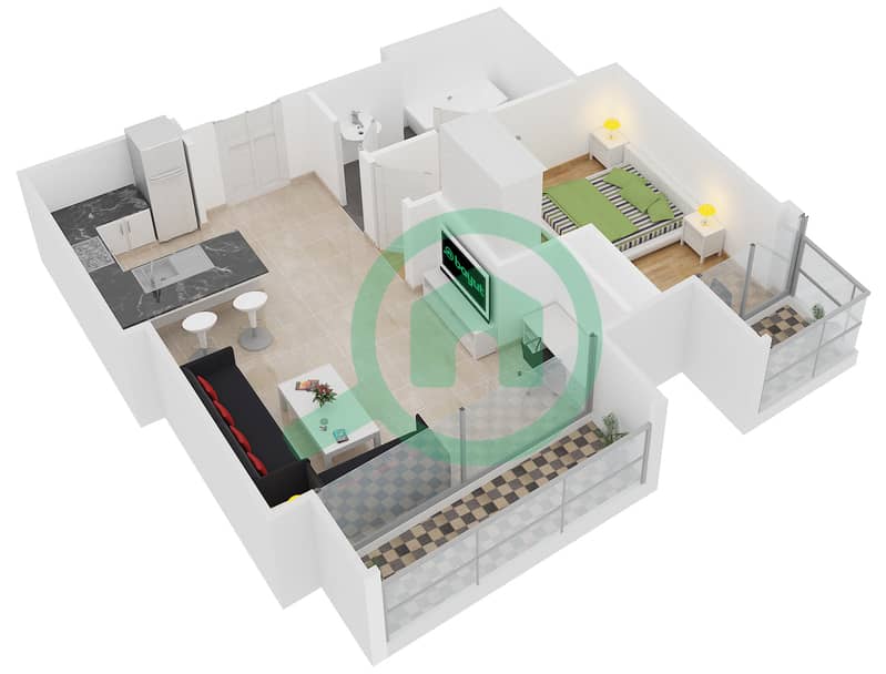 المخططات الطابقية لتصميم النموذج 1E شقة 1 غرفة نوم - كمبينسكي سنترال أفينيو دبي interactive3D