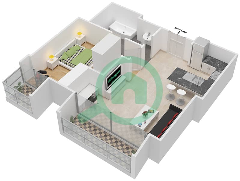 المخططات الطابقية لتصميم النموذج 1F شقة 1 غرفة نوم - كمبينسكي سنترال أفينيو دبي interactive3D